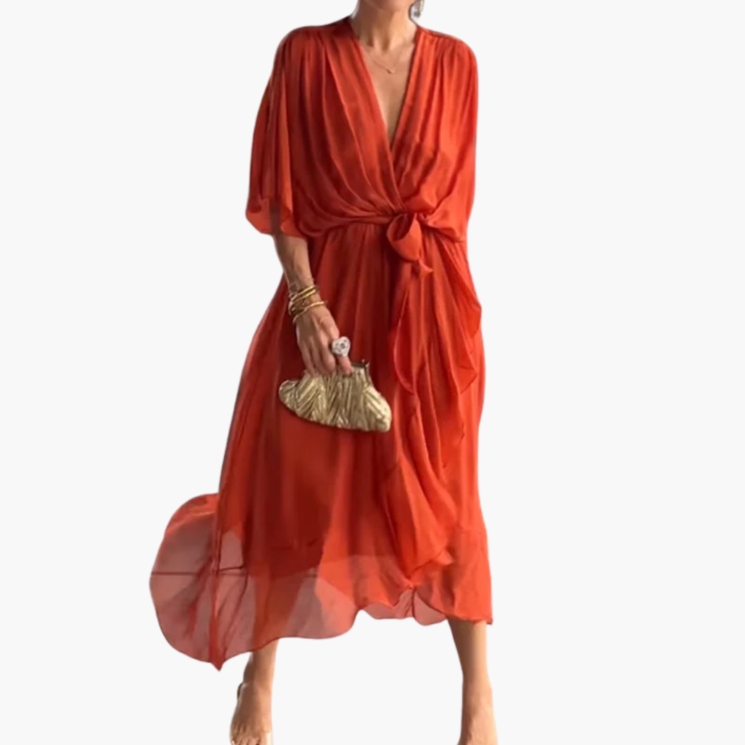 Women’s Midi Dress with Tie and Sleeves