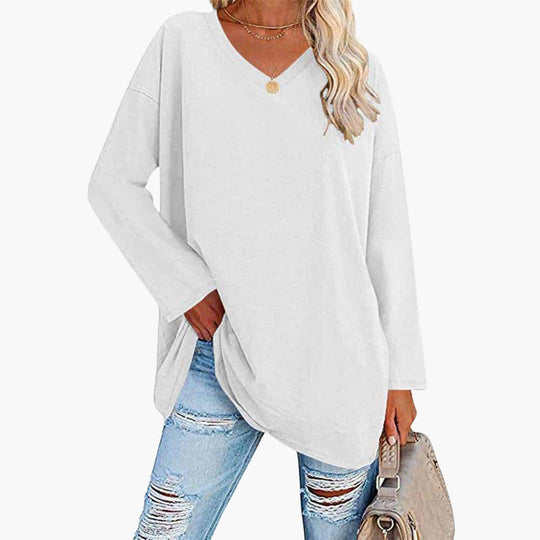 Women's V-Neck Blouse with Long Sleeves and Relaxed Fit