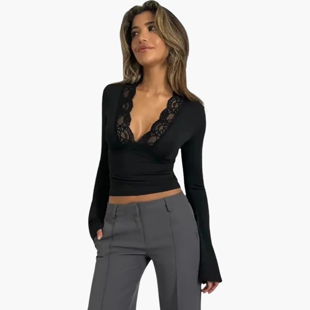 Women's Lace Flare Top with V-Neckline and Semi-Cropped Hem