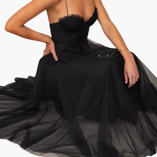 Women’s Tulle Maxi Dress with Spaghetti Straps and Tiered Skirt