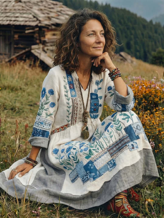 Alix | Embroidered Panel Long Sleeve Midi Dress