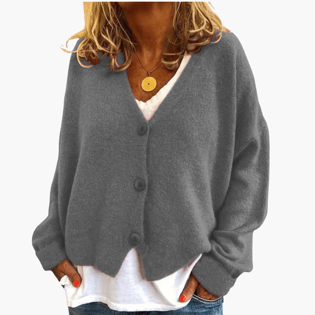 Women's Knitted Button Cardigan with V-Neckline and Long Sleeves