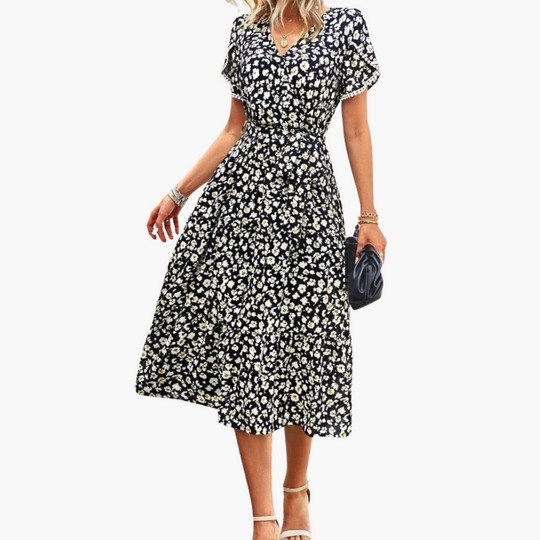 Women’s Floral Wrap Midi Dress with V-Neck