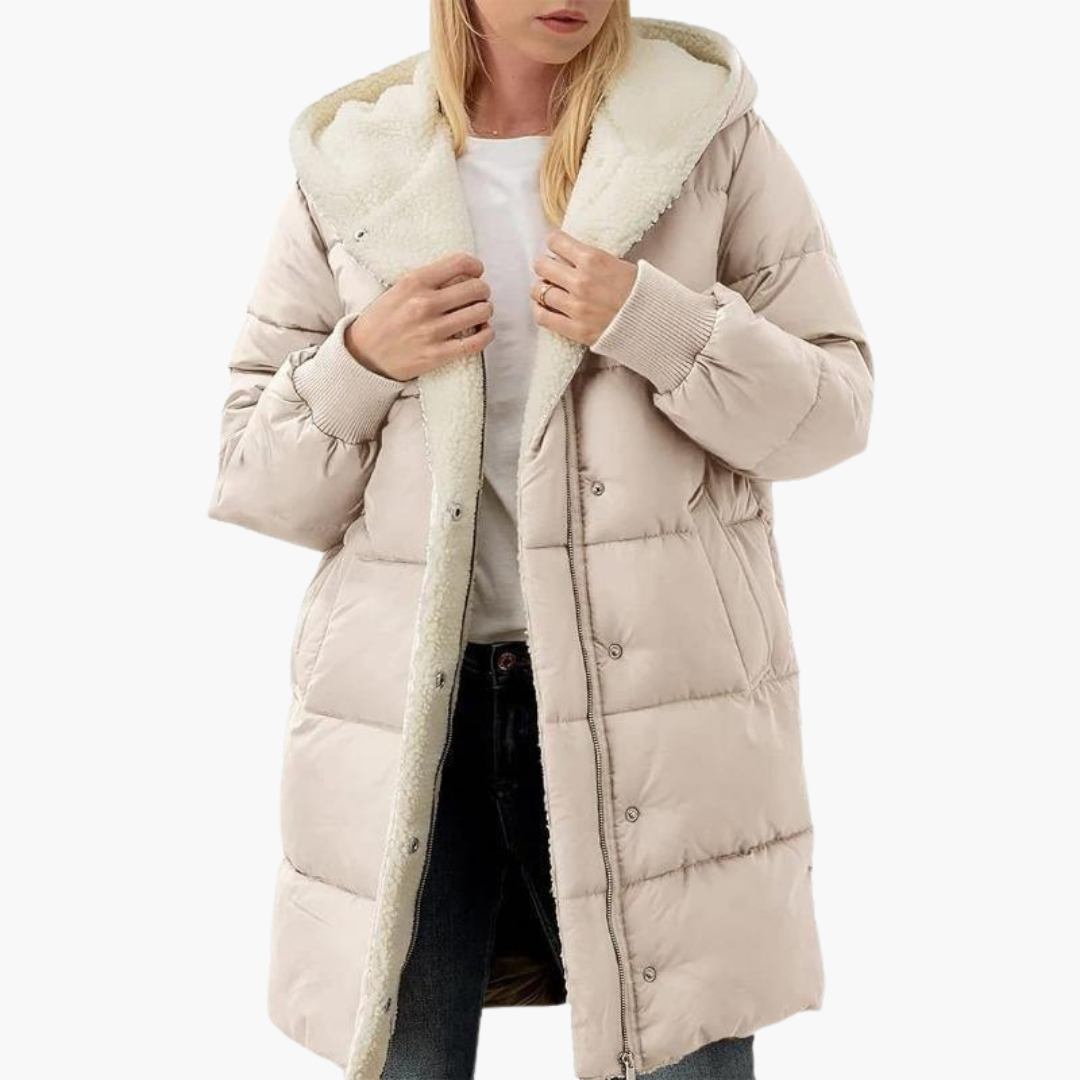 Women’s Hooded Puffer Coat with Fleece Lining and Slim Fit