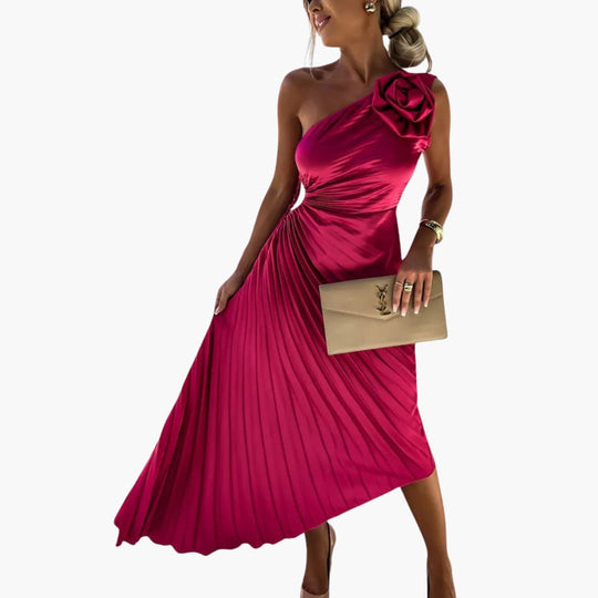 Women’s Midi Dress with Pleated Skirt and Floral Detail