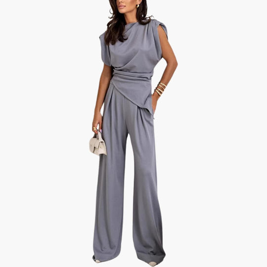 Women’s Two-Piece Set with Draped Top and Wide-Leg Trousers