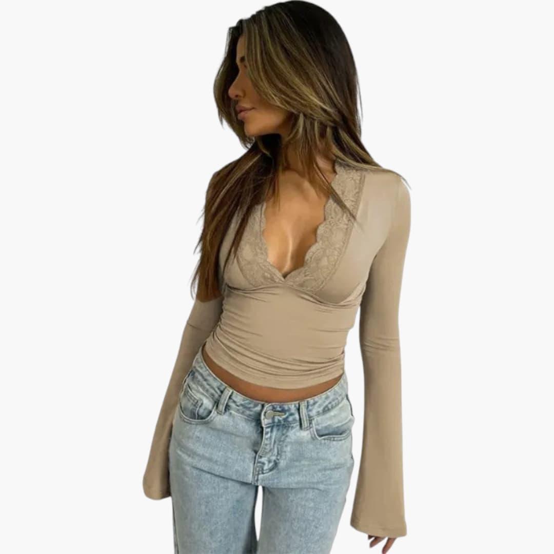 Women's Lace Flare Top with V-Neckline and Semi-Cropped Hem