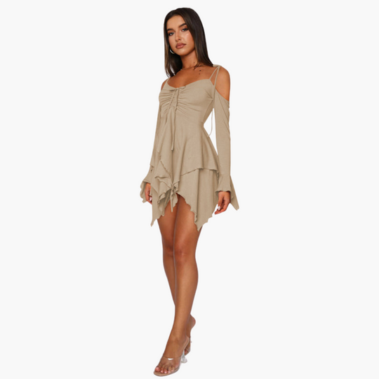 Women’s Mini Dress with Off-the-Shoulder Neckline and Layered Design