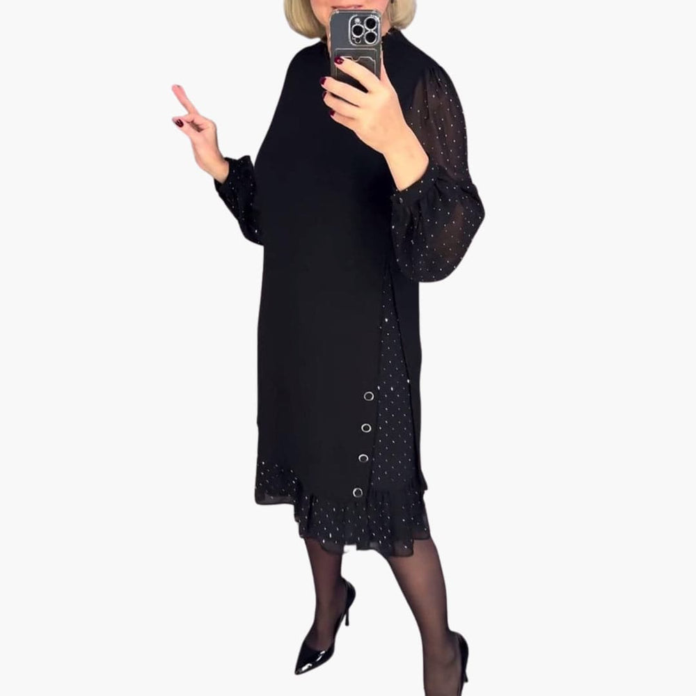 Women's Knee-Length Dress with Sheer Sleeves and Ruffle Hem