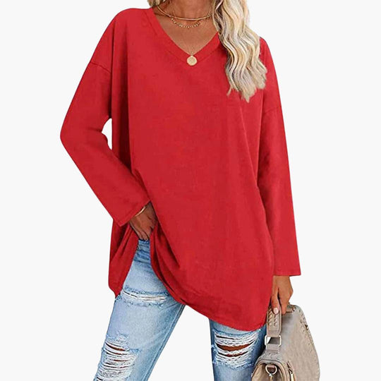 Women's V-Neck Blouse with Long Sleeves and Relaxed Fit