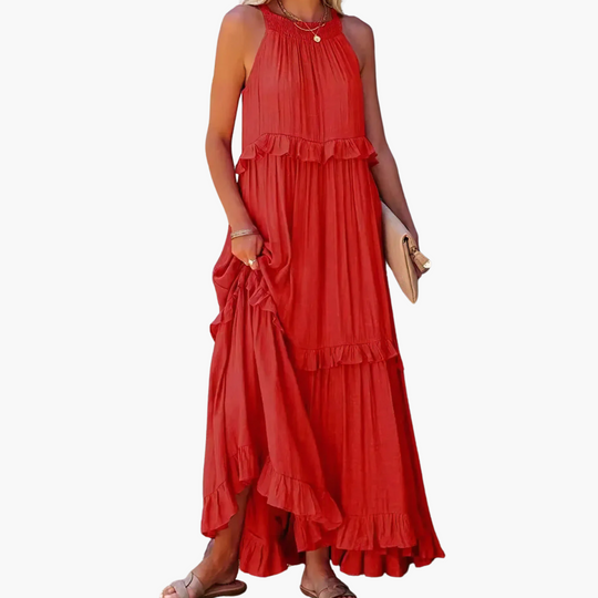 Women’s Maxi Dress with Cascading Ruffle Tiers and Adjustable Straps