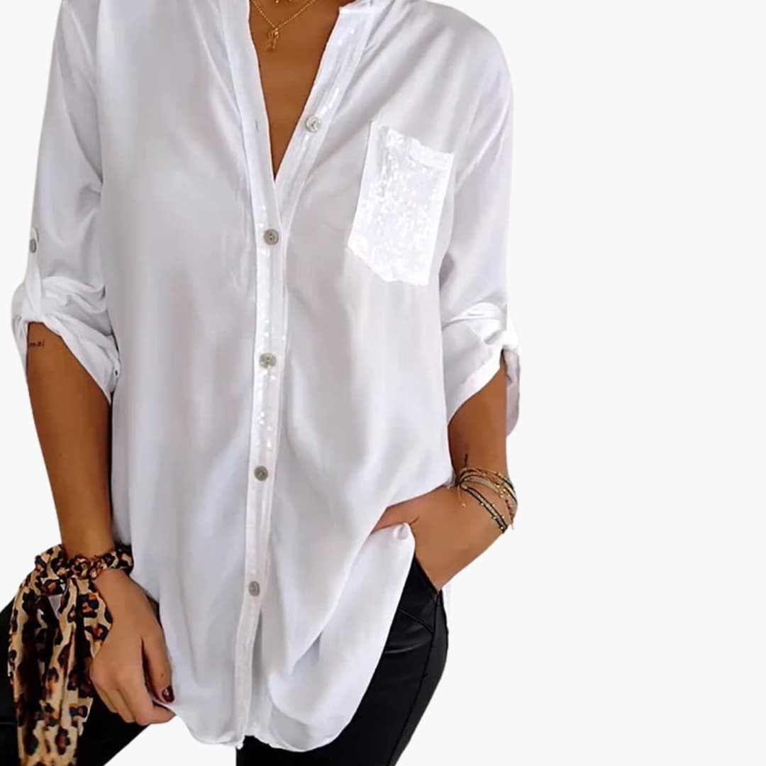 Women’s Long-Sleeve Blouse with V-Neck and Sequins
