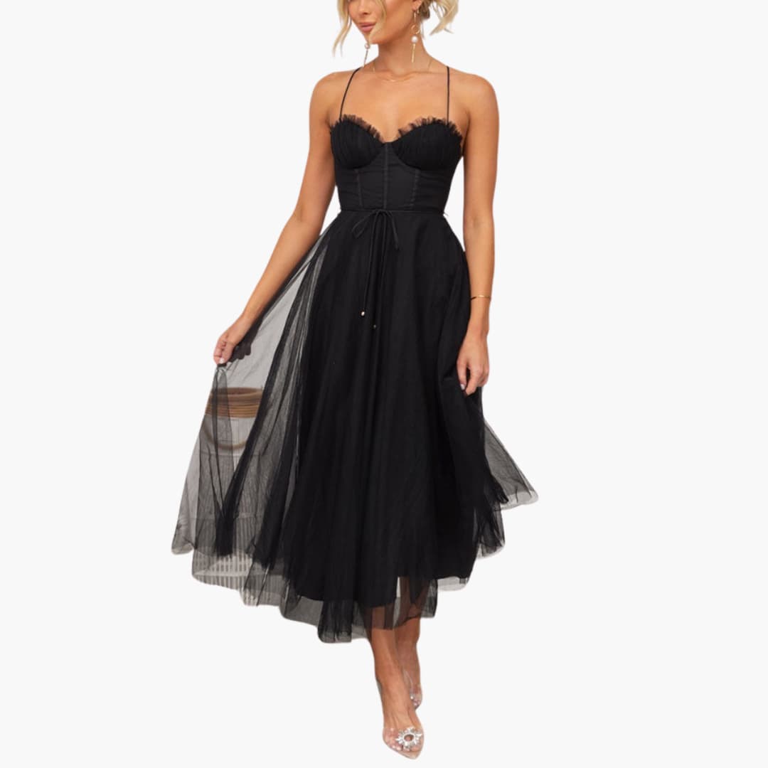 Women’s Tulle Maxi Dress with Spaghetti Straps and Tiered Skirt
