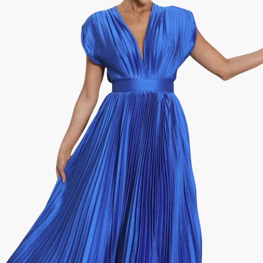 Women’s Midi Dress with Pleated Design and Cap Sleeves