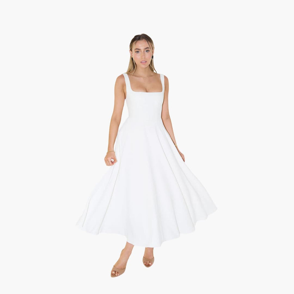 Women’s Midi Dress with Square Neckline and Flared Skirt