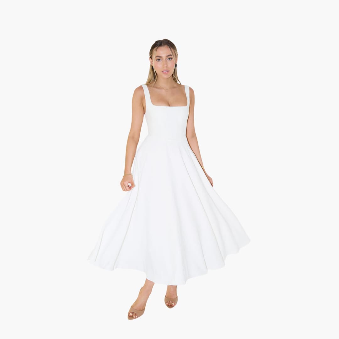 Women’s Midi Dress with Square Neckline and Flared Skirt