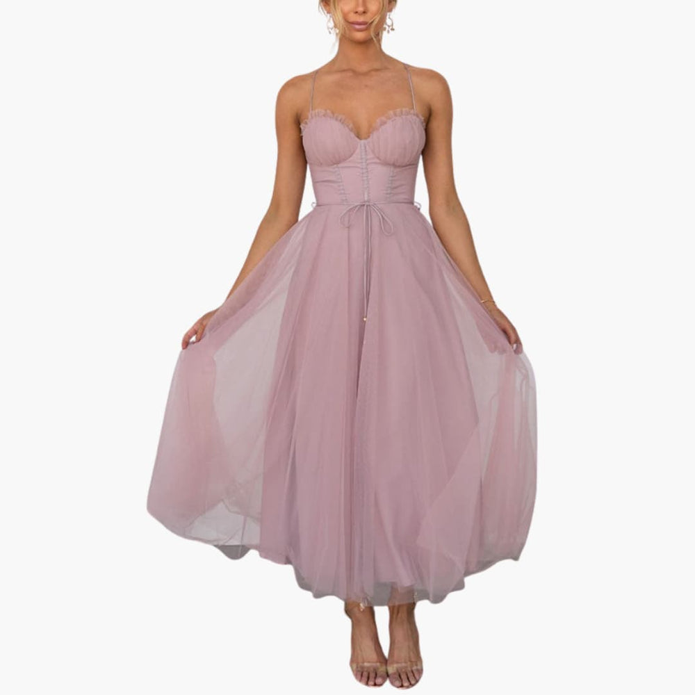 Women’s Tulle Maxi Dress with Spaghetti Straps and Tiered Skirt