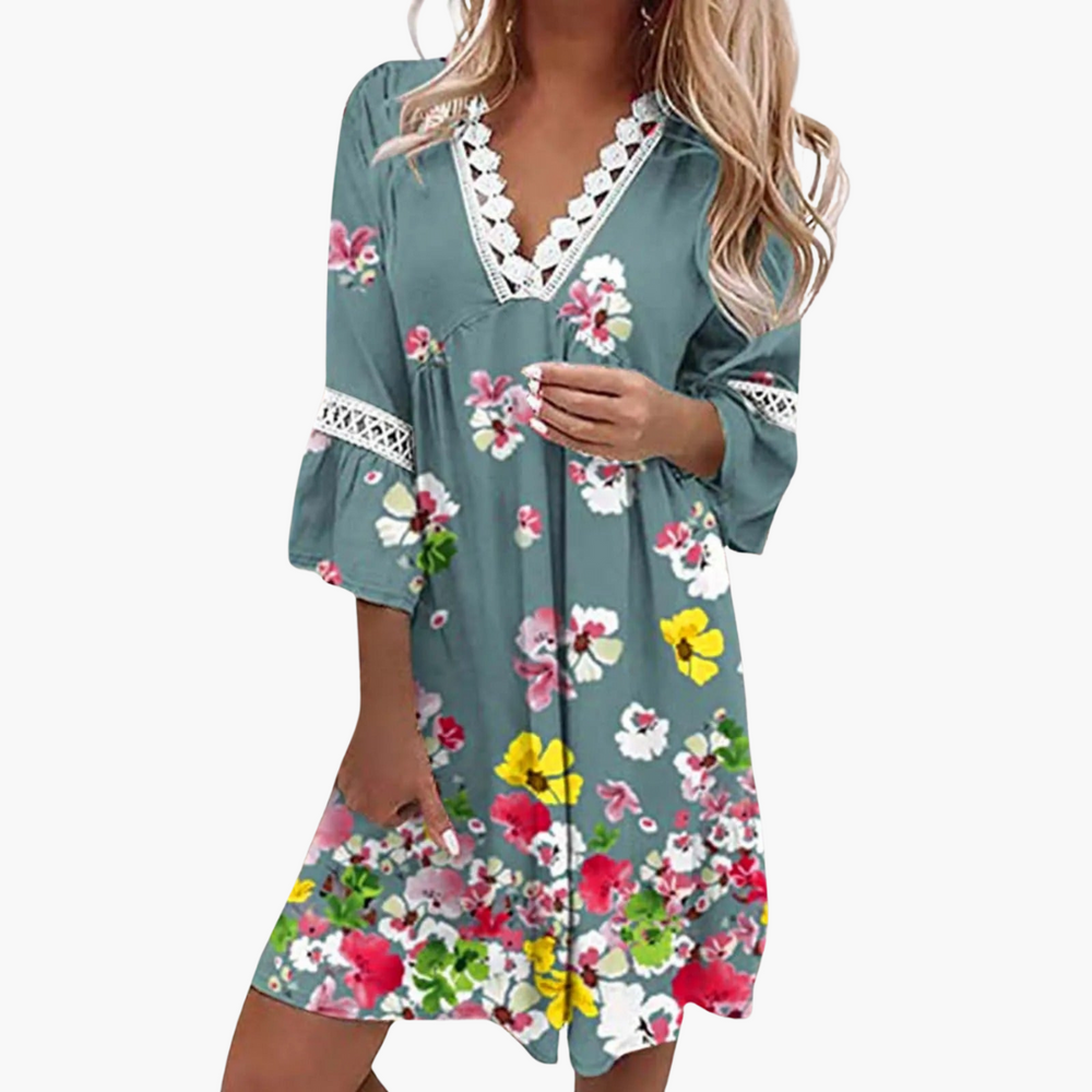Women’s Printed Mini Dress with V-Neck and Short Sleeves