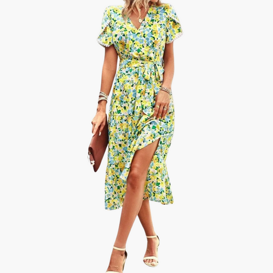 Women’s Floral Wrap Midi Dress with V-Neck