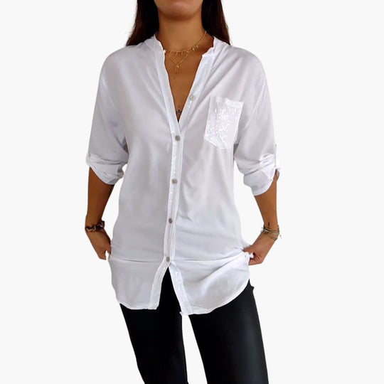 Women’s Long-Sleeve Blouse with V-Neck and Sequins