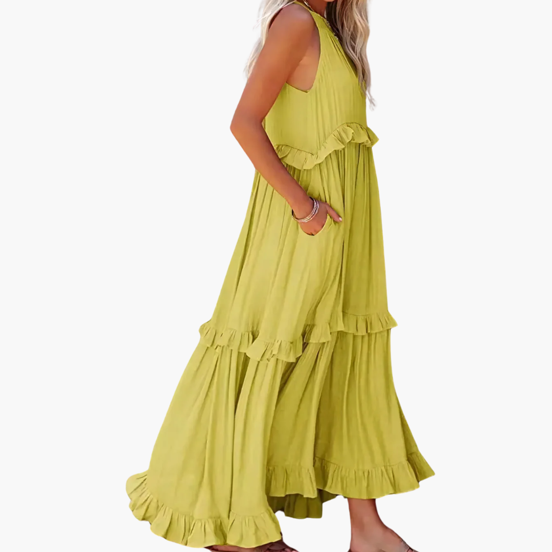 Women’s Maxi Dress with Cascading Ruffle Tiers and Adjustable Straps