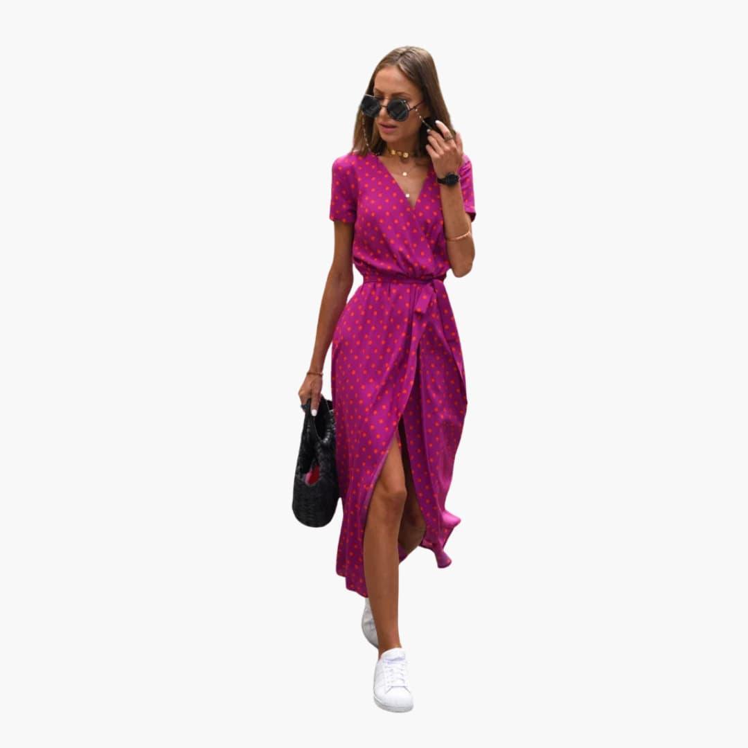 Women's Floral Midi Dress with Wrap Design and Tie Waist