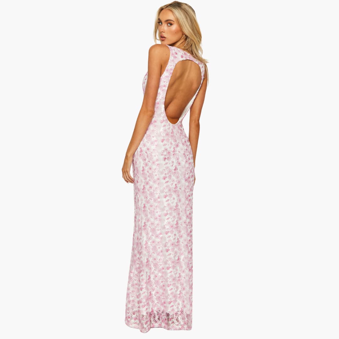 Women’s Maxi Dress with Lace Overlay and Open Back