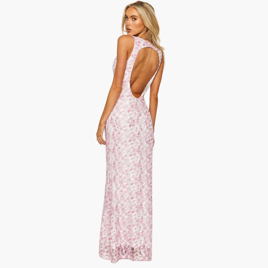 Women’s Maxi Dress with Lace Overlay and Open Back