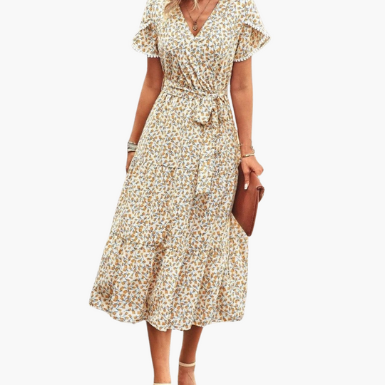 Women’s Floral Wrap Midi Dress with V-Neck