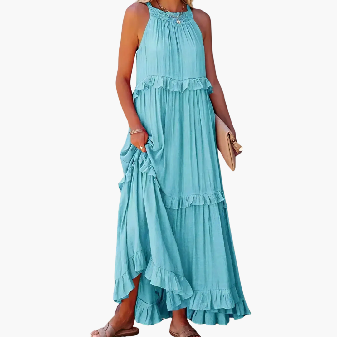 Women’s Maxi Dress with Cascading Ruffle Tiers and Adjustable Straps