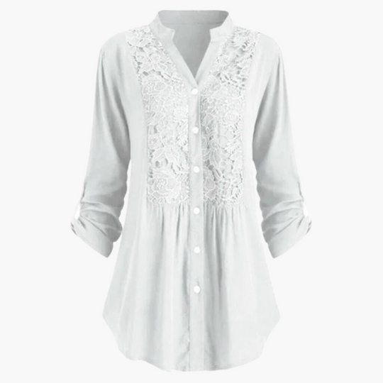 Women’s Long Blouse with Puff Sleeves and Lace Detail