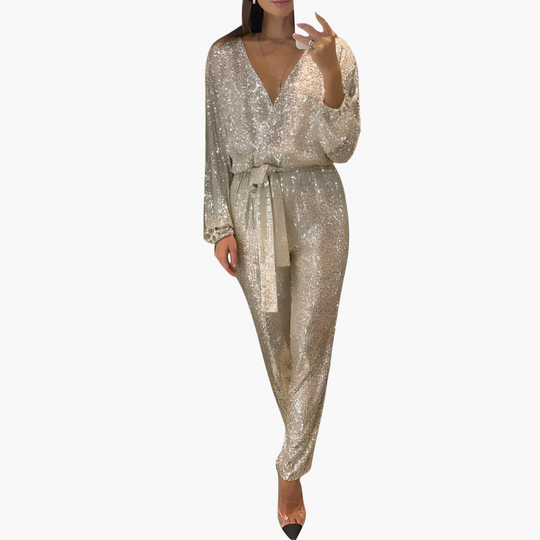 Women's Sequin Jumpsuit with Long Sleeves and V-Neckline