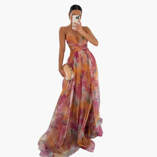 Women’s Maxi Dress with Floral Print and Fitted Waist