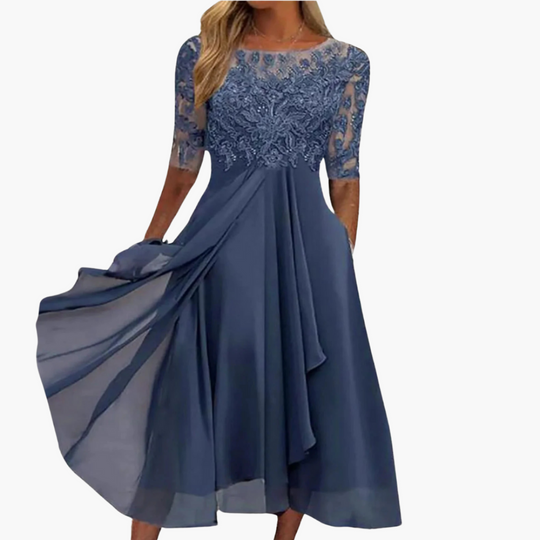 Women’s Midi Dress with Embroidery and Sheer Sleeves