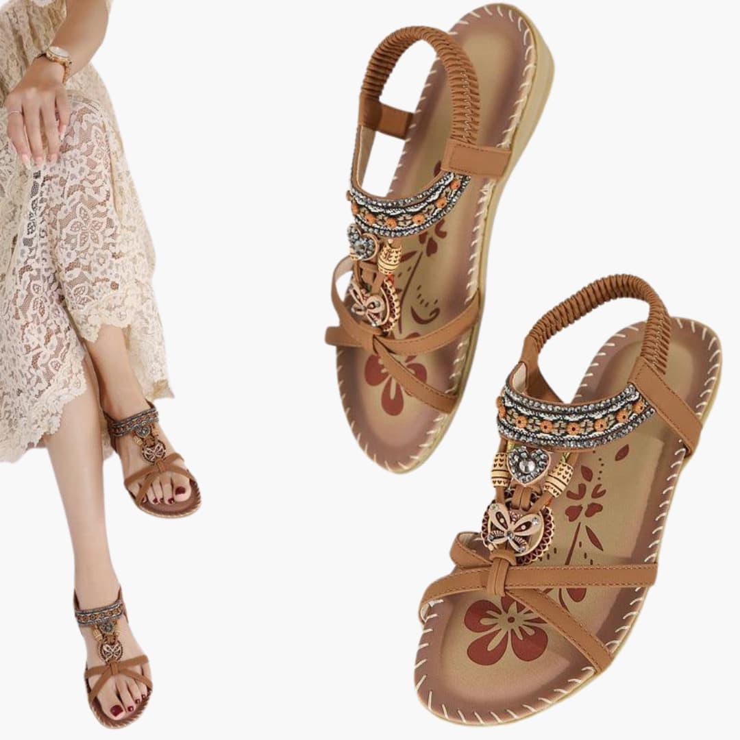 Beaded Boho Flat Sandals for Women – Elastic Strap Comfort - Made by Jessica