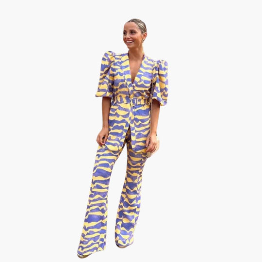 Women's Two-Piece Set with Blazer-Style Top and Printed Trousers