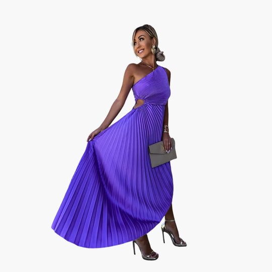 Women's Midi Dress with One-Shoulder Neckline and Pleated Design