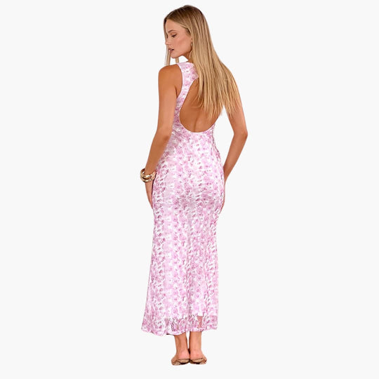 Women’s Maxi Dress with Lace Overlay and Open Back
