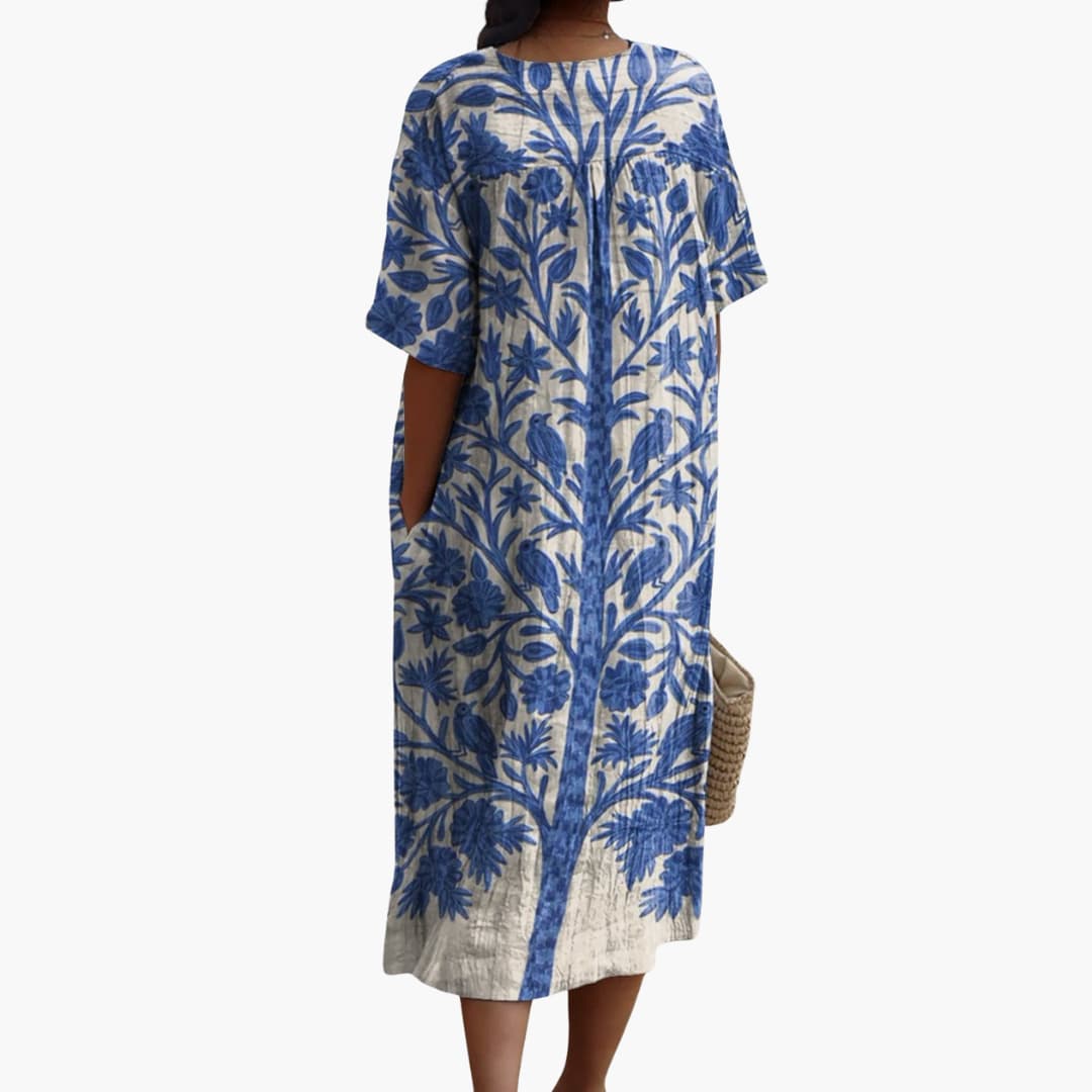 Women's Midi Dress with V-Neck, Short Sleeves, and Floral Print