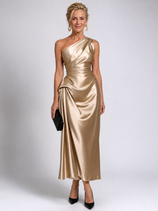 Zeima | One Shoulder Draped Satin Maxi Dress