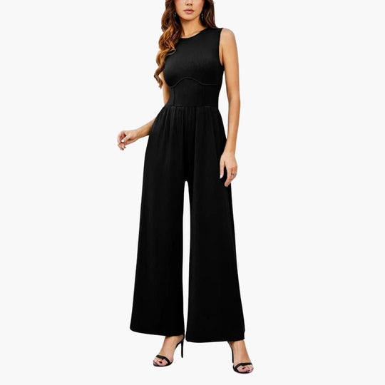 Women's Sleeveless Jumpsuit with Round Neckline and Wide-Leg Cut