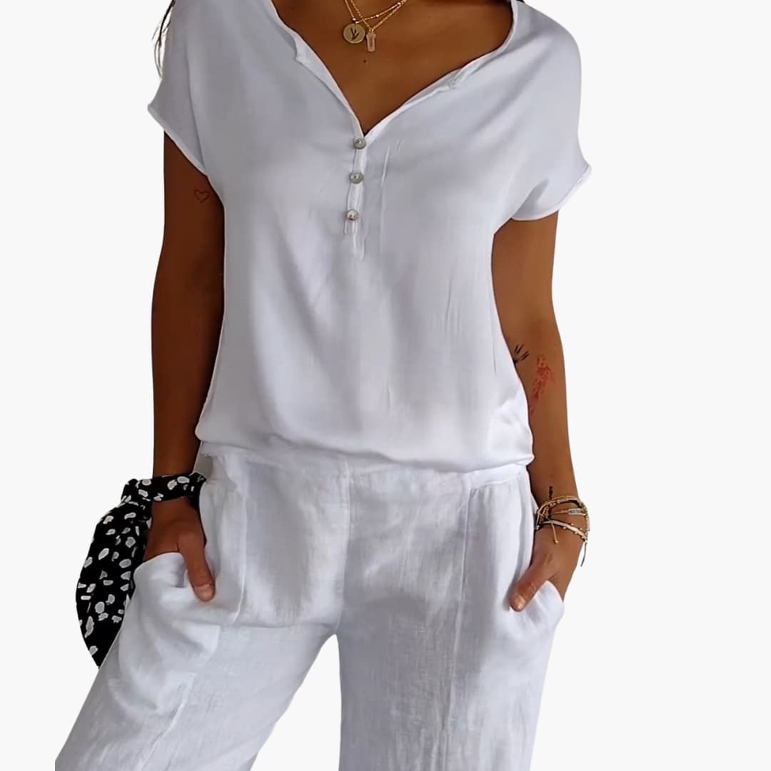 Women’s Short-Sleeve Top with V-Neck and Buttons