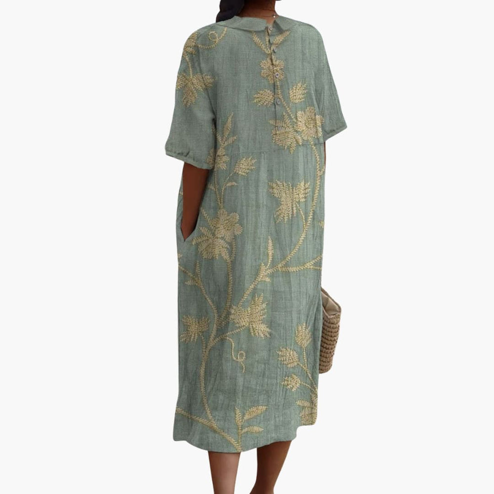 Women's Midi Dress with Floral Embroidery and Peter Pan Collar