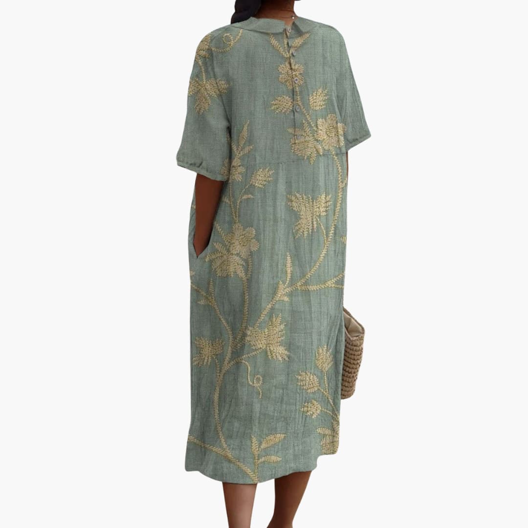 Women's Midi Dress with Floral Embroidery and Peter Pan Collar