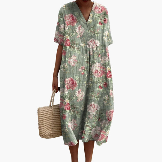 Women's Floral Midi Dress with V-Neck and Short Sleeves