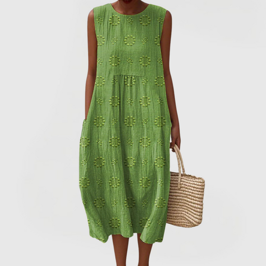 Women's Elegant Dress with Pockets and Floral Embroidery