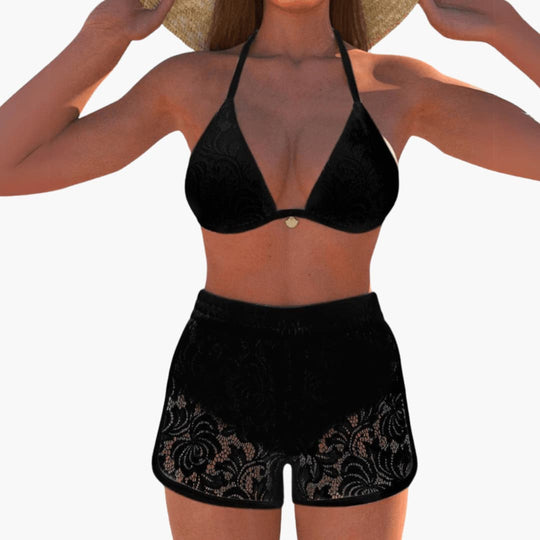Women’s Bikini Set with Halter Top and Lace Shorts