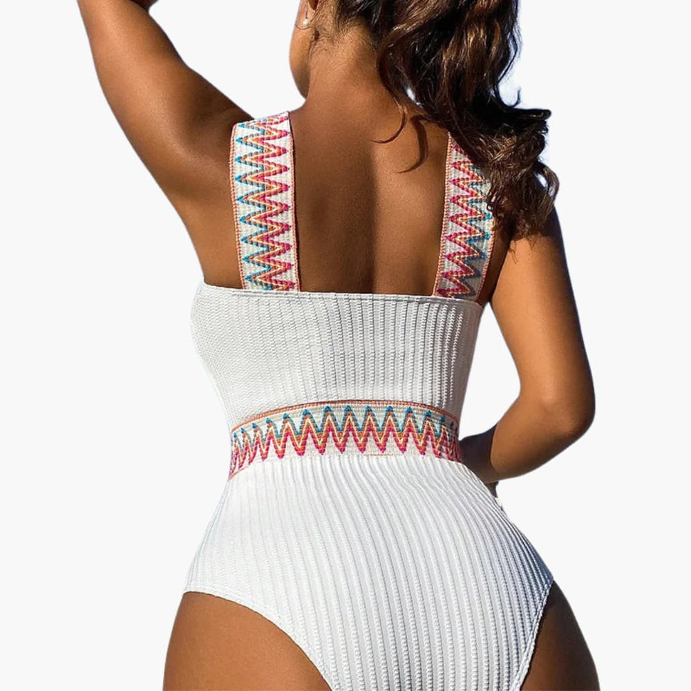 Women’s One - Piece Swimsuit with Striped Pattern and Integrated Shaping Panel