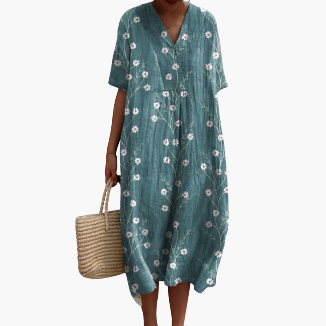 Women's Floral Midi Dress with V-Neck and Short Sleeves