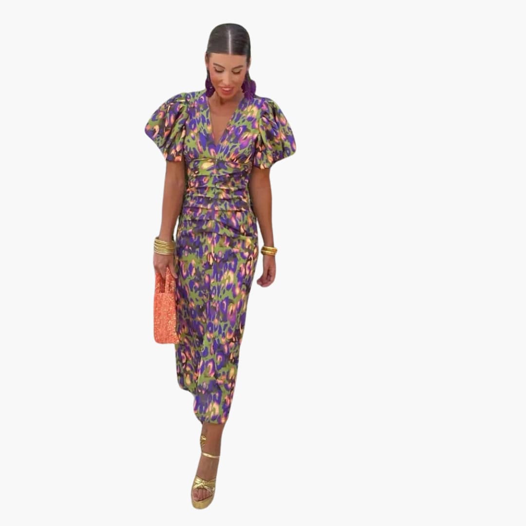 Women’s Midi Dress with Puff Sleeves and Ruched Waist
